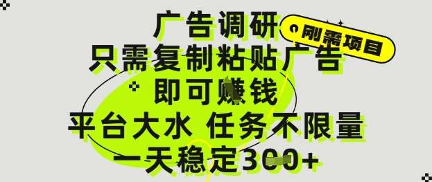 广告调研项目，只需复制粘贴广告即可挣钱，平台大水，任务不限量，一天3张【揭秘】-云深网创社