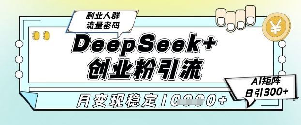 DeepSeek+创业粉精准引流，全新分享课4.0玩法，AI矩阵日引300+，多种变现方式，稳定月入1W-云深网创社