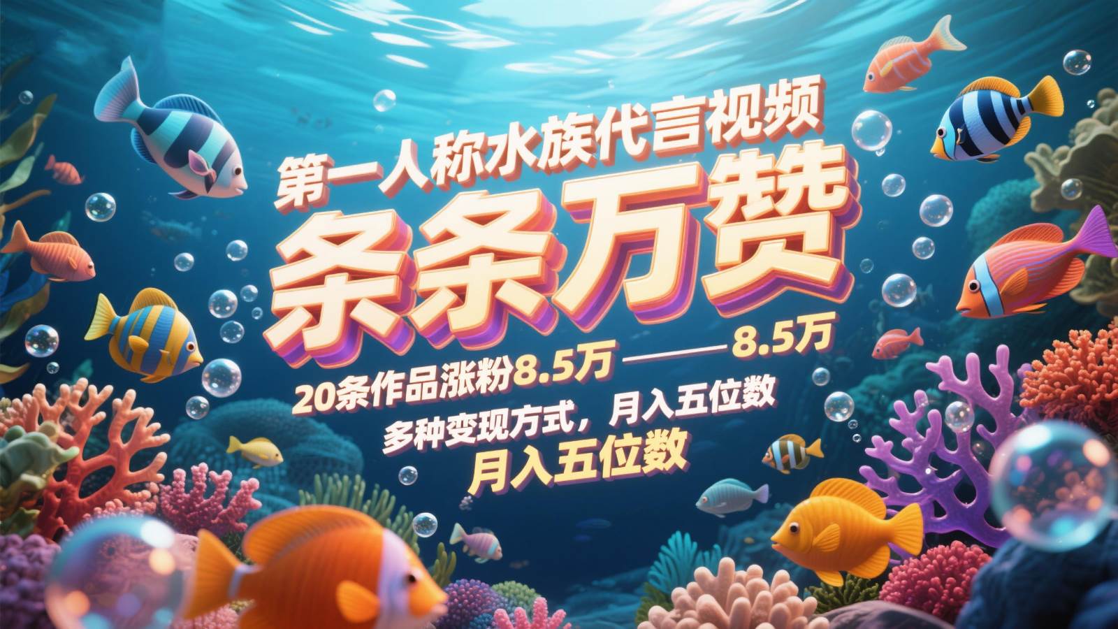 第一人称水族代言视频，条条万赞，20条作品涨粉8.5万，多种变现方式月，入五位数-云深网创社