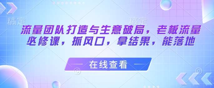流量团队打造与生意破局，老板流量必修课，抓风口，拿结果，能落地-云深网创社