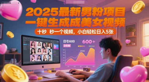 2025最新男粉项目，一键生成美女视频，日引600+色粉 十秒一个视频，小白轻松日入5张【揭秘】-云深网创社