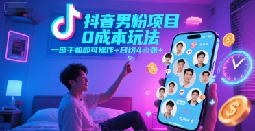 抖音男粉项目0成本玩法，一部手机即可操作，日均4张+，时间自由-云深网创社