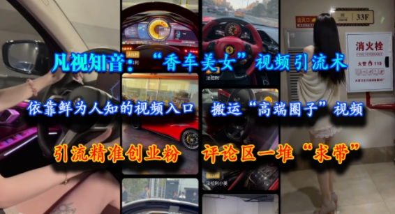 凡视知音：“香车美女”视频引流术，依靠鲜为人知的视频入口，搬运“高端圈子”视频，引流精准创业粉，评论区一堆“求带”-云深网创社
