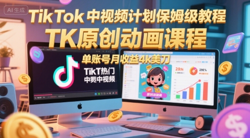TikTok中视频计划保姆级教程，TK原创动画课程，单账号月收益4k美刀-云深网创社