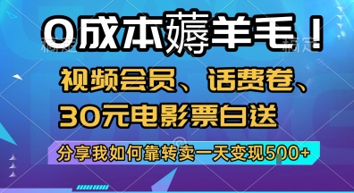 0成本薅羊毛!视频会员、话费卷、30元电影票白送，分享我如何靠转卖一天变现5张+【揭秘】-云深网创社
