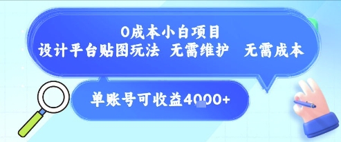 0成本小白项目，设计平台贴图玩法，无需维护，无需成本，单账号单月可产生收益4k+-云深网创社