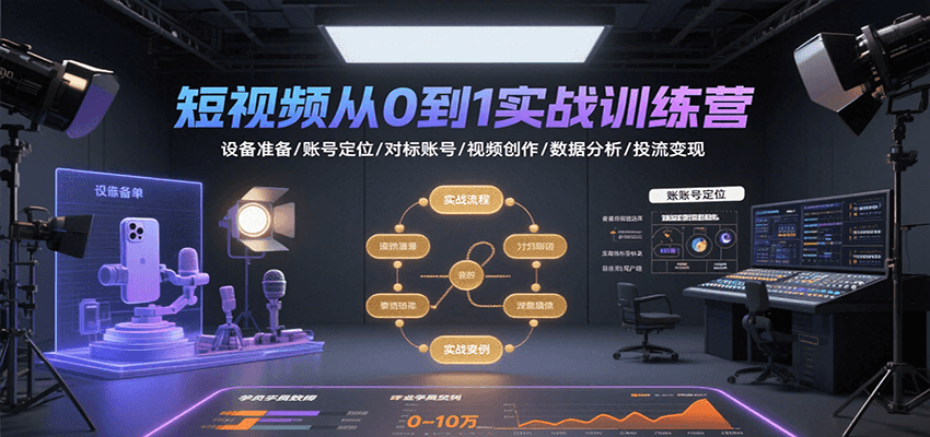 短视频从0到1实战训练营：设备准备/账号定位/对标账号/视频创作/数据分析/投流变现-云深网创社