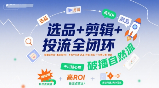 选品+剪辑+投流全闭环，破播自然流+撬动高ROI，手把手打通“选品-剪辑-测品-千川随心推”全链-云深网创社