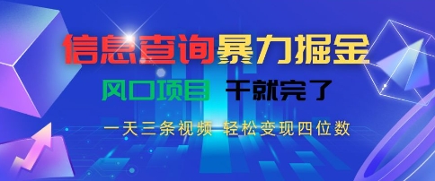 信息查询暴力掘金，一天三条视频，轻松变现四位数，风口项目干就完了【揭秘】-云深网创社