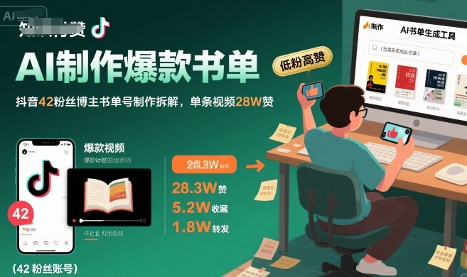 AI制作爆款书单，抖音42粉丝博主书单号制作拆解，单条视频28W赞-云深网创社