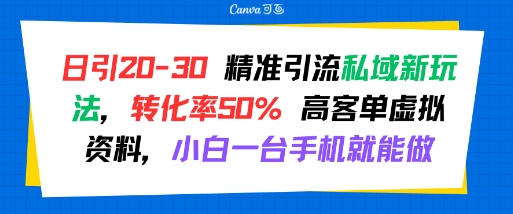 日引 20-30 精准引流私域新玩法，转化率50% 高客单虚拟资料，小白一台手机就能做-云深网创社