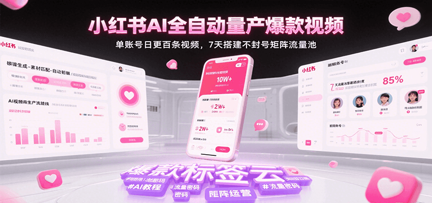 小红书AI全自动量产爆款视频，单账号日更百条视频，7天搭建不封号矩阵流量池（更新）-云深网创社