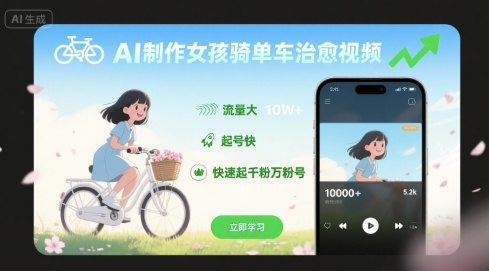AI制作女孩骑单车治愈视频，流量大，起号快，快速起千粉万粉号-云深网创社
