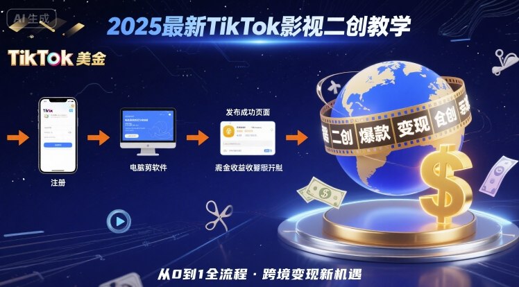 2025年最新TikTok影视二创教学，从注册到发布撸美金全流程，跨境变现新机遇-云深网创社