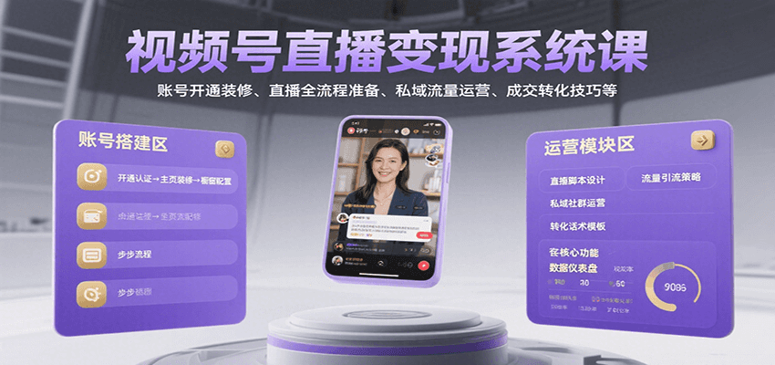 视频号直播变现系统课，账号开通装修、直播全流程准备、私域流量运营、成交转化技巧等-云深网创社