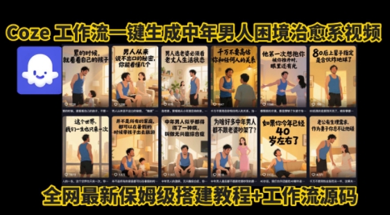coze工作流一键生成”中年男人困境扎心高涨粉高播放量图文视频”保姆级拆解教程，无需剪辑，无需拍摄写文案-云深网创社