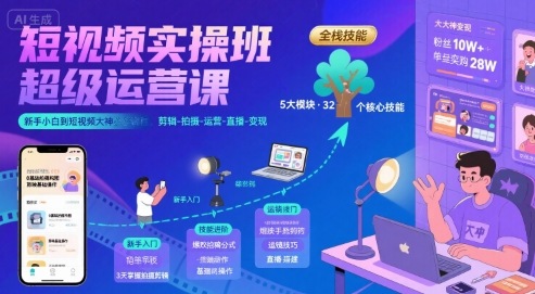 短视频实操班超级运营课，新手小白到短视频大神必修课程，剪辑-拍摄-运营-直播-变现-云深网创社