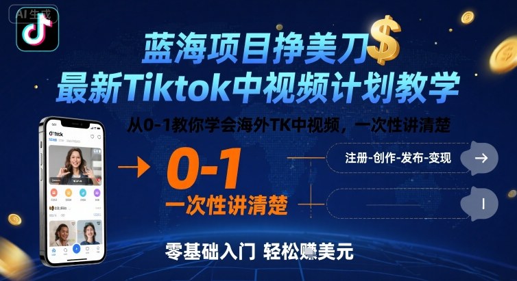 蓝海项目挣美刀，最新Tiktok中视频计划教学，从0-1教你学会海外TK中视频，一次性讲清楚-云深网创社