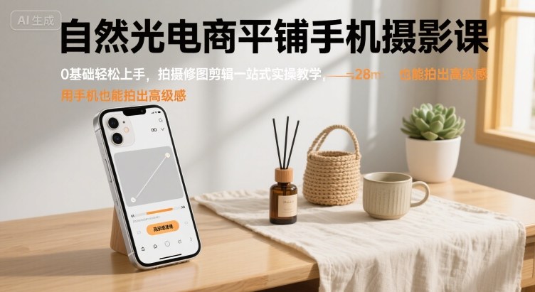 自然光电商平铺手机摄影课，0基础轻松上手，拍摄修图剪辑一站式实操教学，用手机也能拍出高级感-云深网创社