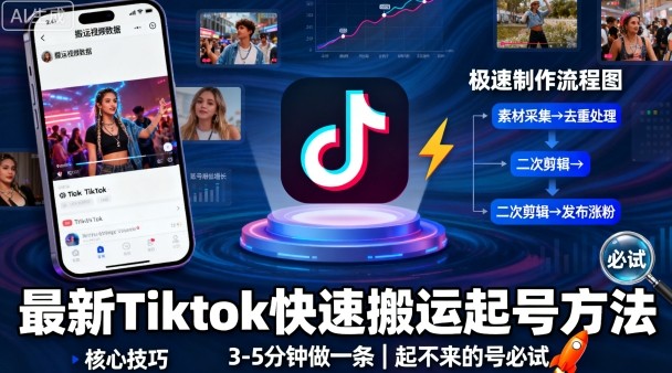 最新Tiktok快速搬运快速起号方法，3-5分钟做一条，起不来的号可以试试-云深网创社