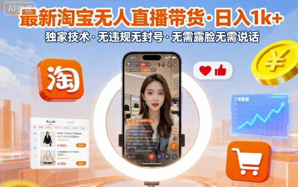 最新淘宝无人直播带货，日入1k+，独家技术，无违规无封号，无需露脸无需说话【揭秘】-云深网创社