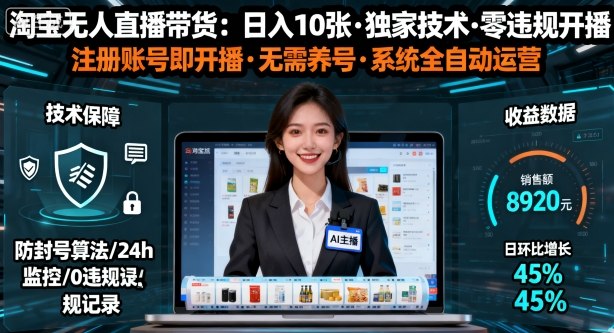 【最新】淘宝无人直播带货，日入10张，独家技术，无违规无封号，注册账号直接开播，不用养号【揭秘】-云深网创社