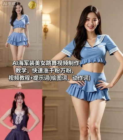AI海军装美女跳舞视频制作教学，快速涨千粉万粉，视频教程+提示词(绘图词、动作词)-云深网创社
