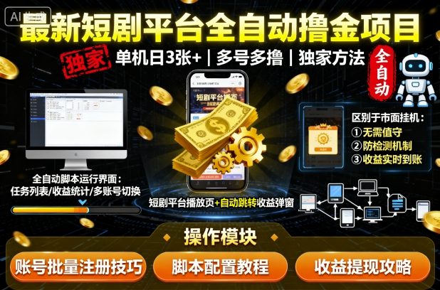 最新短剧平台全自动挂G撸金项目，单机一天3张+，多号多撸，区别于市面所有挂机项目，独家方法【揭秘】-云深网创社