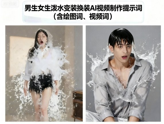 男生女生泼水变装换装AI视频制作提示词(含绘图词、视频词)-云深网创社