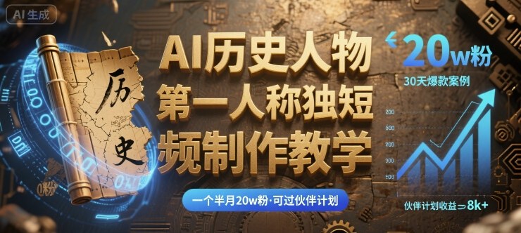 最新AI历史人物第一人称独白短视频制作教学，一个半月20w粉，可过伙伴计划-云深网创社