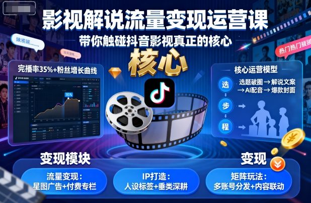 影视解说流量变现运营课，带你触碰抖音影视真正的核心-云深网创社