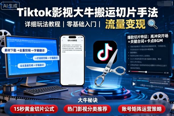 Tiktok影视大牛搬运切片手法，详细玩法教程-云深网创社