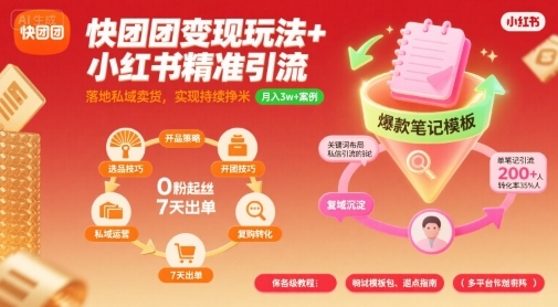 快团团变现玩法+小红书精准引流技巧，助你真正落地私域卖货，实现持续挣米-云深网创社