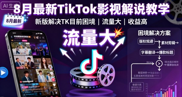 8月最新TikTok影视解说教学，新版解决TK目前困境，流量大，收益高-云深网创社