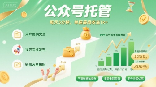 【公众号托管 】我提供文章，你发布，每天5分钟，单篇最高收益1k+【揭秘】-云深网创社
