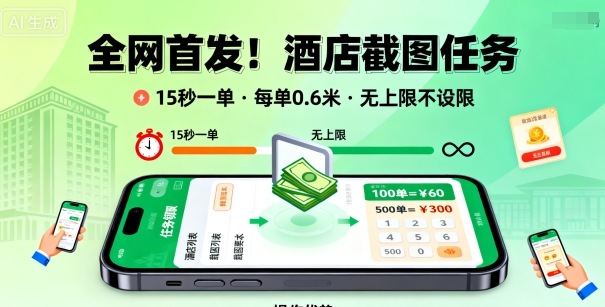 全网首发！酒店截图任务，15秒一单，每单0.6米，任务无上限不设限，矩阵操作单日3张到手【揭秘】-云深网创社