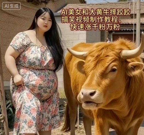 AI美女和大黄牛摔跤搞笑荒诞视频制作教程，快速涨千粉万粉-云深网创社