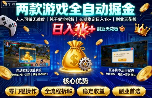 两款游戏全自动掘金，人人可做无难度，纯干货全拆解，长期稳定，日入1k+，副业天花板【揭秘】-云深网创社
