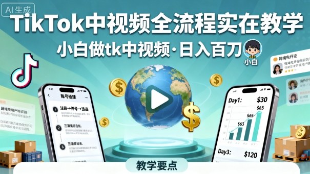 TikTok中视频全流程实操教学，小白做tk中视频，日入百刀-云深网创社
