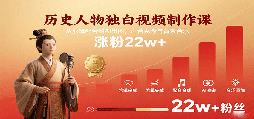 历史人物独白视频制作课，从剪辑配音到AI出图，声音克隆与背景音乐，涨粉22w+-云深网创社