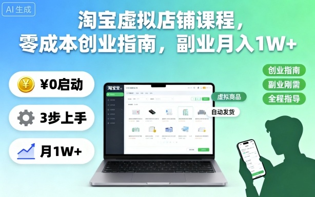 淘宝虚拟店铺课程，零成本创业指南，副业月入1W+-云深网创社