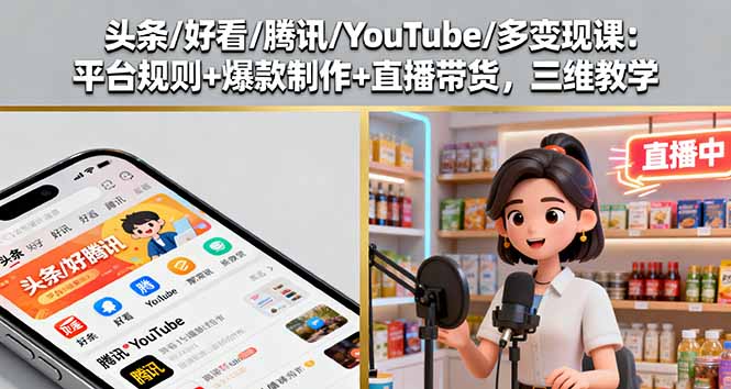 （16147期）头条/好看/腾讯/YouTube/多变现课：平台规则+爆款制作+直播带货，三维教学-云深网创社