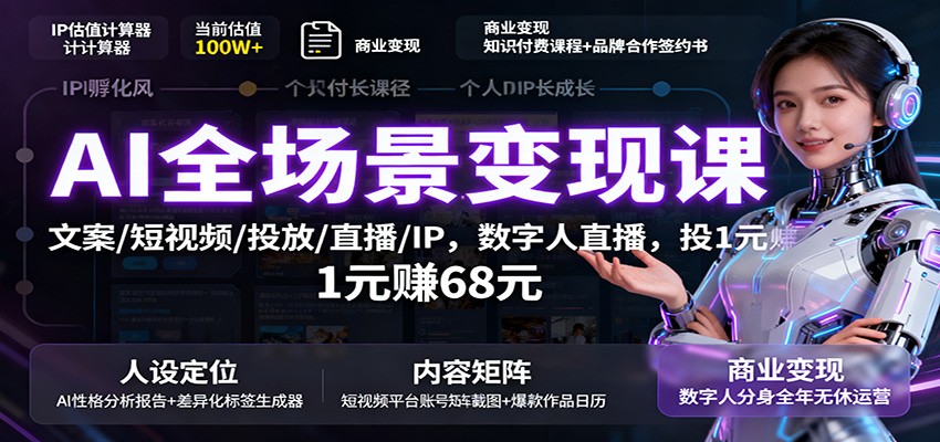 AI全场景变现课：文案/短视频/投放/直播/IP，数字人直播，投1元赚68元-云深网创社