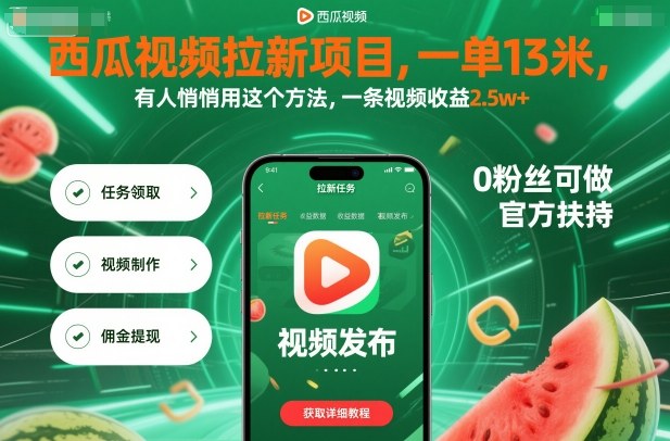 西瓜视频拉新项目，一单13米，有人悄悄用这个方法，一条视频收益2.5w+（附详细教程）-云深网创社