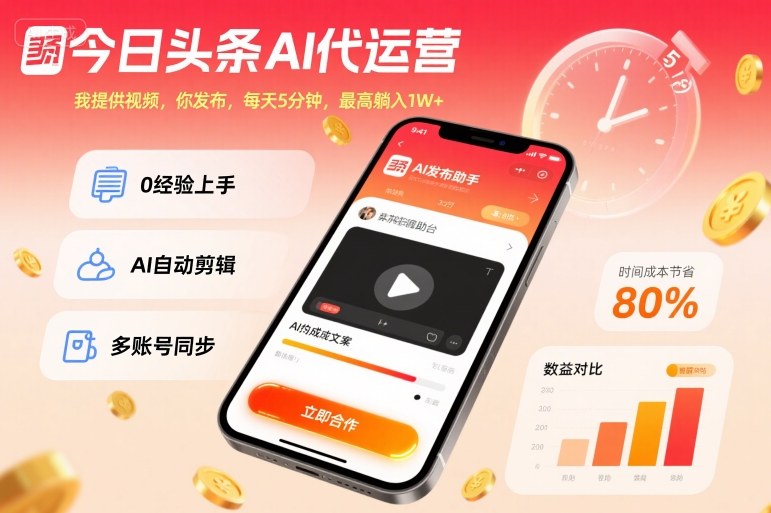 今日头条AI代运营，我提供视频，你发布，每天5分钟，最高躺入1W+【揭秘】-云深网创社