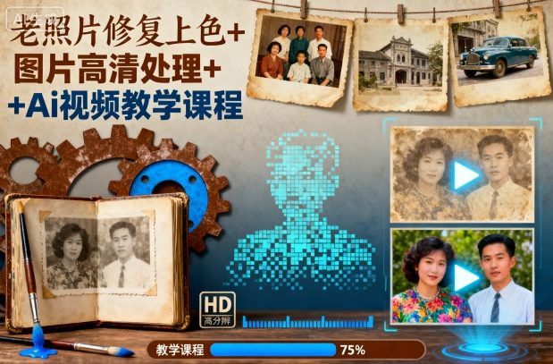 老照片修复上色+图片高清处理+Ai视频教学课程-云深网创社