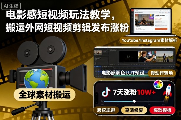 电影感短视频玩法教学，搬运外网短视频剪辑发布涨粉-云深网创社