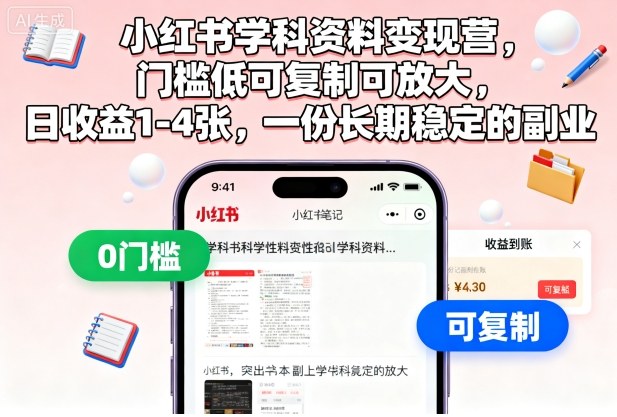 小红书学科资料变现营，门槛低可复制可放大，日收益1-4张，一份长期稳定的副业-云深网创社