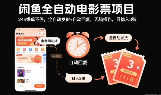 闲鱼全自动电影票项目，24h爆单不停，全自动发货+自动回复，无脑操作，日稳入3张【揭秘】-云深网创社