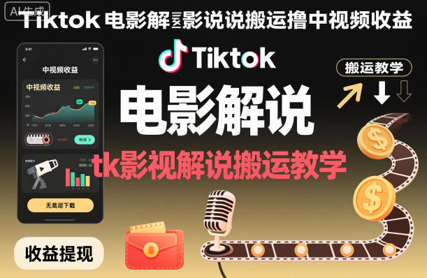 Tiktok电影解说搬运撸中视频收益，tk影视解说搬运教学-云深网创社